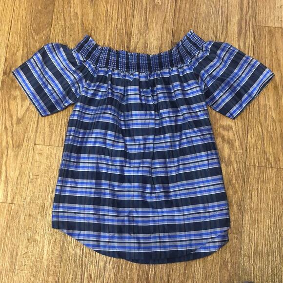 J. Crew Blue, Pink, and White Plaid Off Shoulder Silk Blouse Size 00 / XXS - Picture 3 of 9